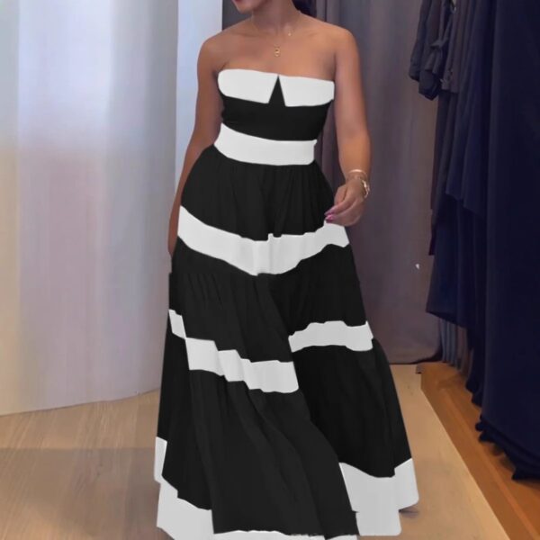 Elegant Contrast Color Off-the-shoulder Striped Dress - Image 5