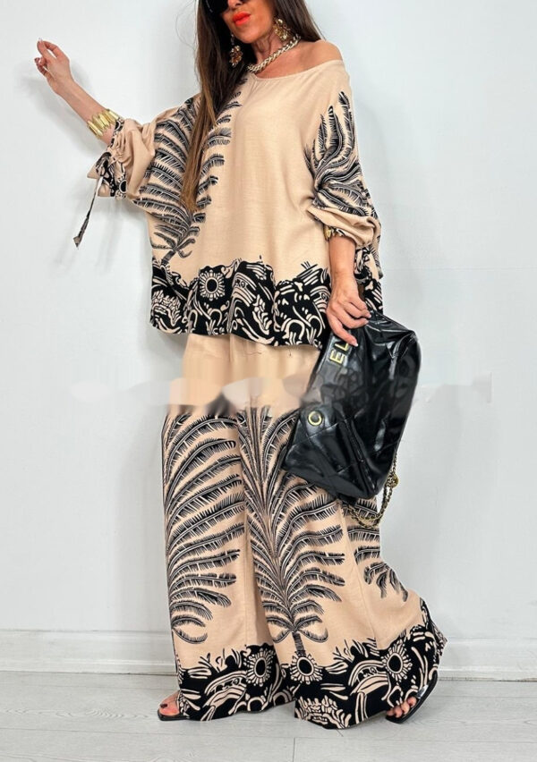 Vintage Floral Print Long Sleeves Top Wide Leg Pants Suit - Image 4