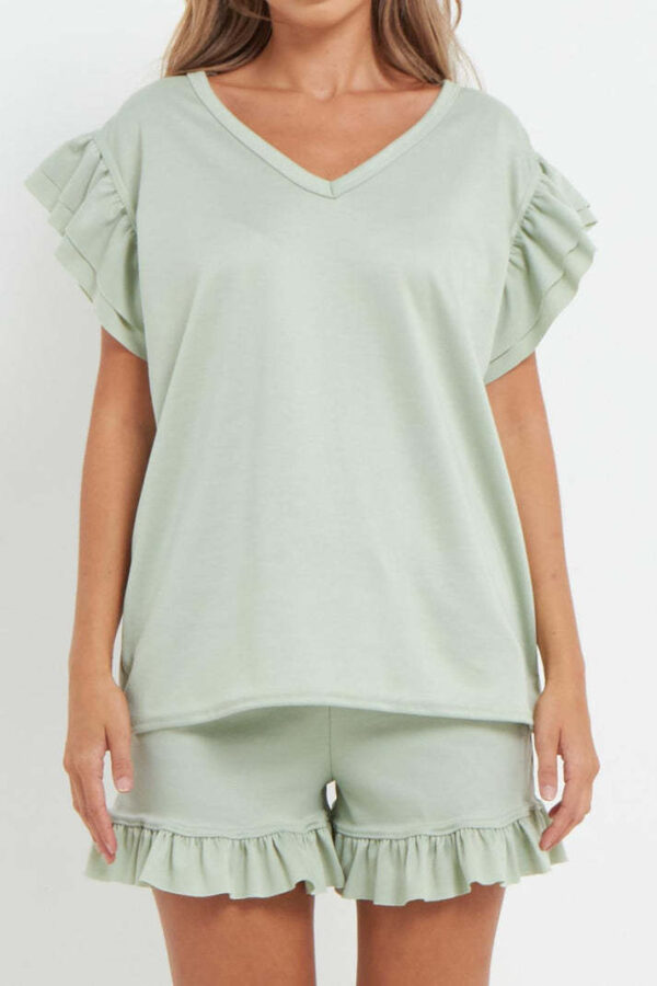 Ladies V Neck Frill Peplum Sleeve Top And Short 2 Piece Tracksuit Set - Image 2