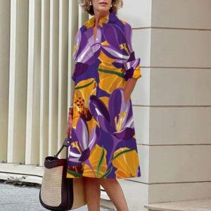 Women's Elegant Floral 3D Digital Printing Single Row Open Button Shirt Dress