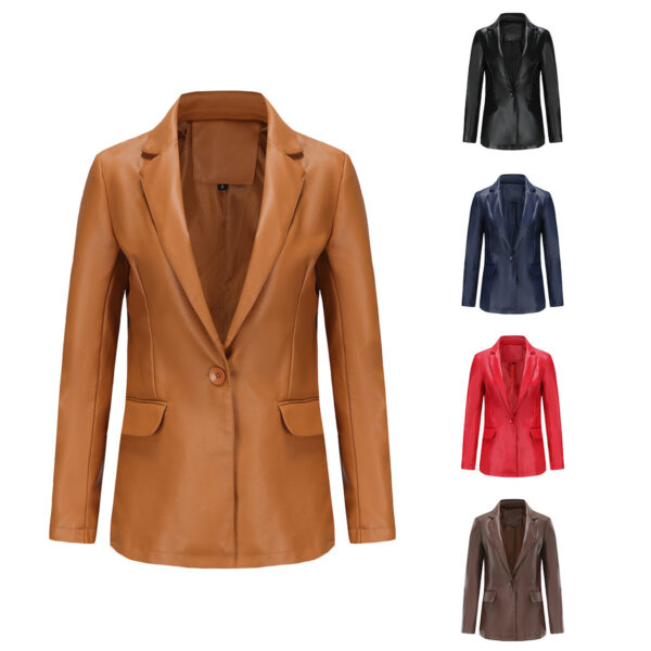 Single Button Commute Leisure Solid Color Leather Coat - Image 5