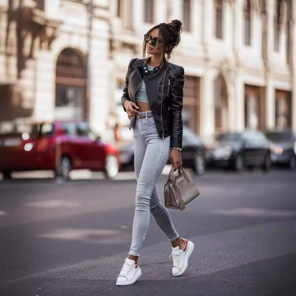 Women's Slim-fit Casual Black Leather Jacket - Image 3
